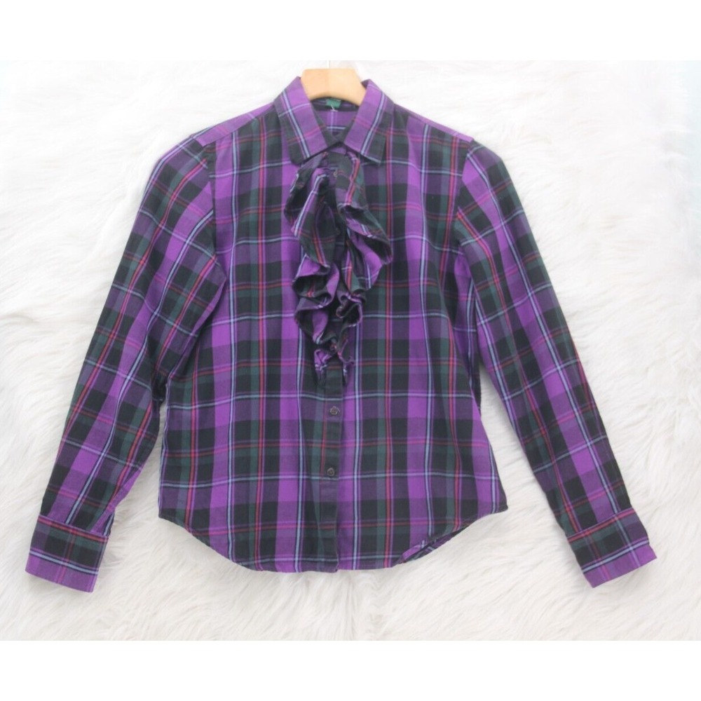 Lauren Ralph Lauren Petite Top PM Purple Plaid Ruffle Button Up Dark Academia